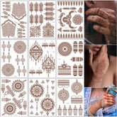 9 Sheets Henna Tattoo Kit Stencil, Temporary Henna Stickers Waterproof Brown Henna Tattoo Stickers for Body Art (Brown 1-9P)